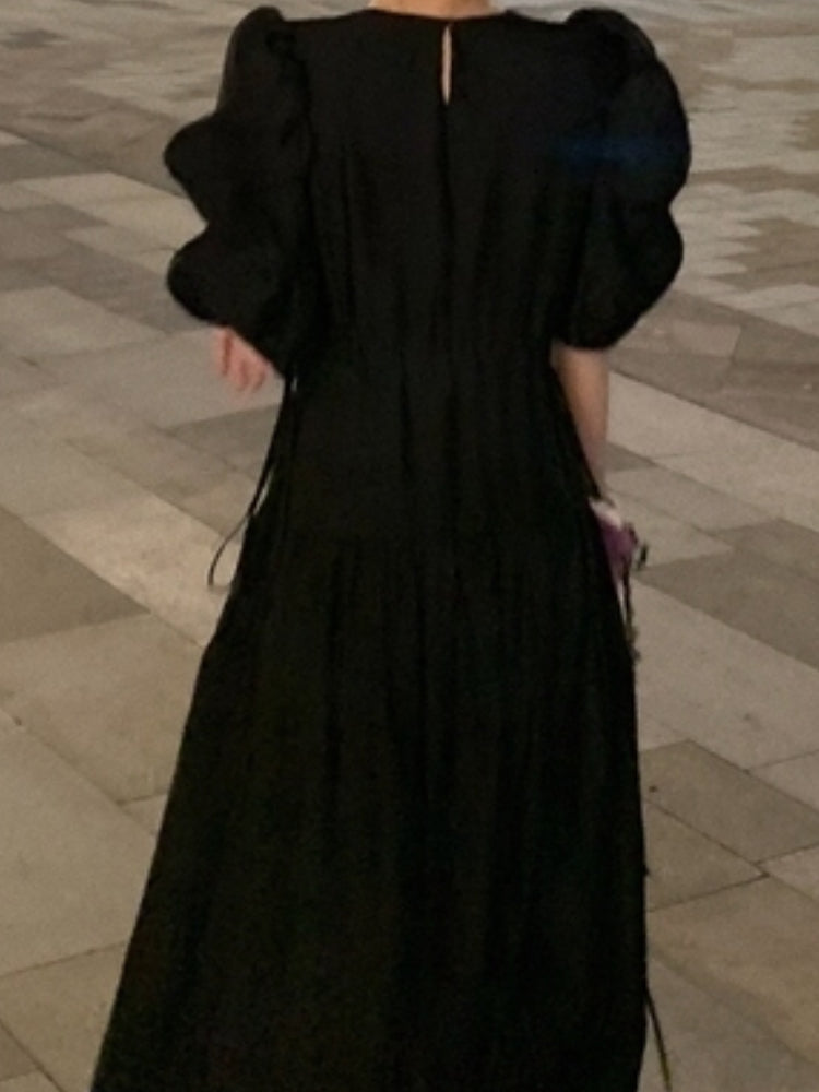 jinran Women&#39;s Summer Elegant Puffer Sleeve Party Midi Dress Lady Casual Pleated Black Vestidos Femme Fashion Outerwear Clothes 2022