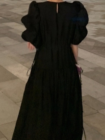 jinran Women&#39;s Summer Elegant Puffer Sleeve Party Midi Dress Lady Casual Pleated Black Vestidos Femme Fashion Outerwear Clothes 2022