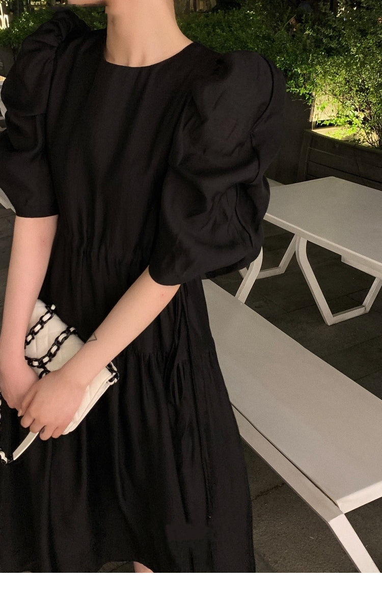jinran Women&#39;s Summer Elegant Puffer Sleeve Party Midi Dress Lady Casual Pleated Black Vestidos Femme Fashion Outerwear Clothes 2022