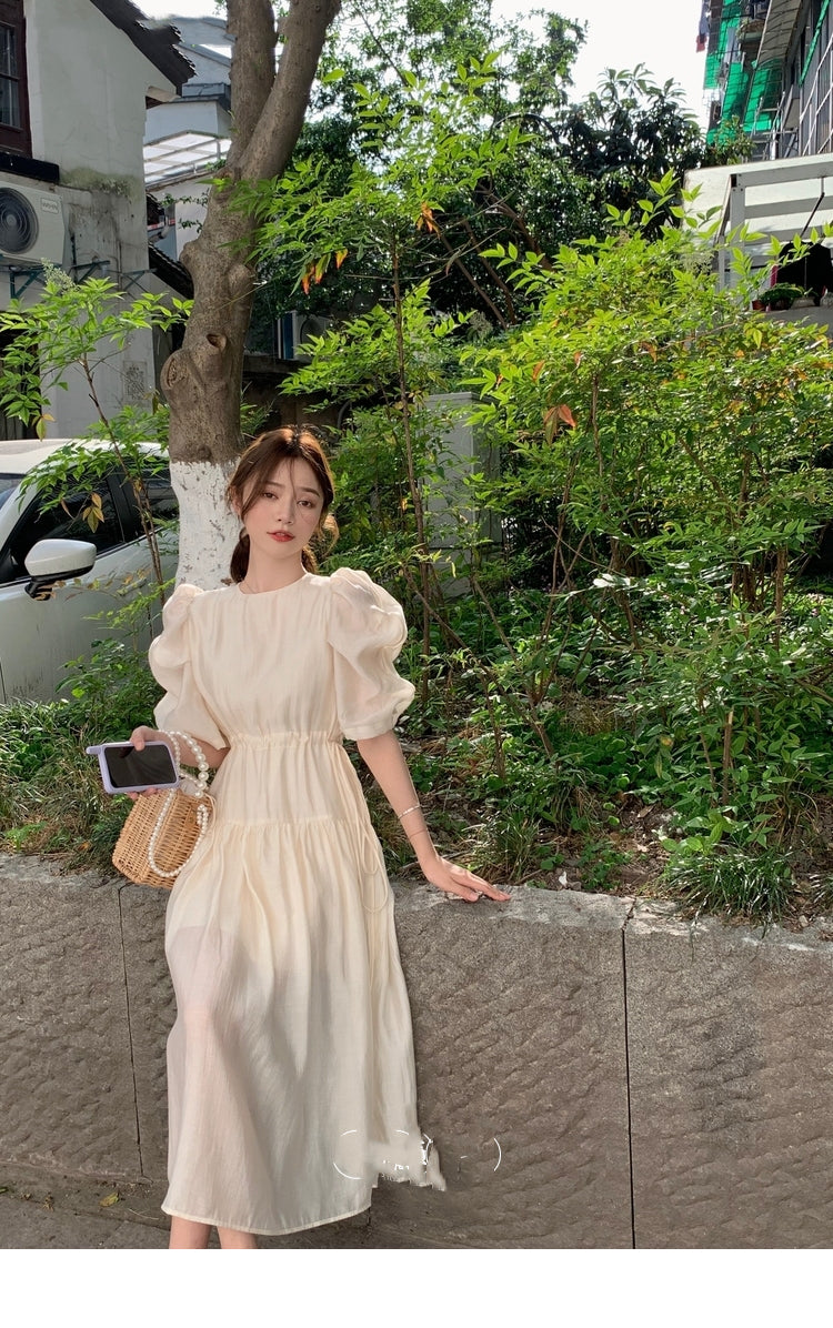jinran Women&#39;s Summer Elegant Puffer Sleeve Party Midi Dress Lady Casual Pleated Black Vestidos Femme Fashion Outerwear Clothes 2022