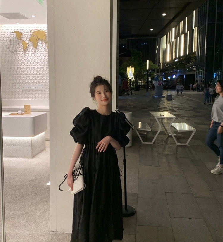 jinran Women&#39;s Summer Elegant Puffer Sleeve Party Midi Dress Lady Casual Pleated Black Vestidos Femme Fashion Outerwear Clothes 2022