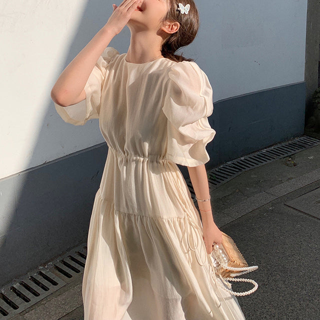 jinran Women&#39;s Summer Elegant Puffer Sleeve Party Midi Dress Lady Casual Pleated Black Vestidos Femme Fashion Outerwear Clothes 2022