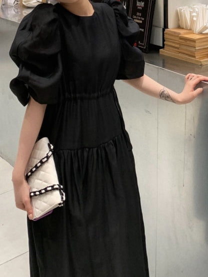 jinran Women&#39;s Summer Elegant Puffer Sleeve Party Midi Dress Lady Casual Pleated Black Vestidos Femme Fashion Outerwear Clothes 2022