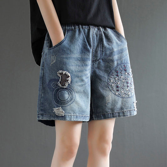 jinran Women&#39;s Denim Shorts Loose Embroidery Pattern Wide Short Elastic Waist Summer Shorts Jeans Plus Size Clothing for Women 4xl 5xl