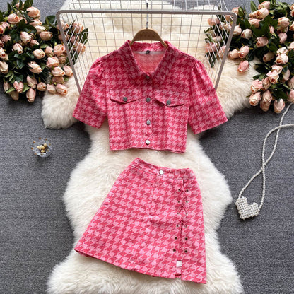 jinran New Summer Fashion Houndstooth Denim Two Piece Set Women Short Jeans Jacket Crop Top + Mini Skirts Sets Streetwear 2 Piece Sets