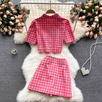 jinran New Summer Fashion Houndstooth Denim Two Piece Set Women Short Jeans Jacket Crop Top + Mini Skirts Sets Streetwear 2 Piece Sets