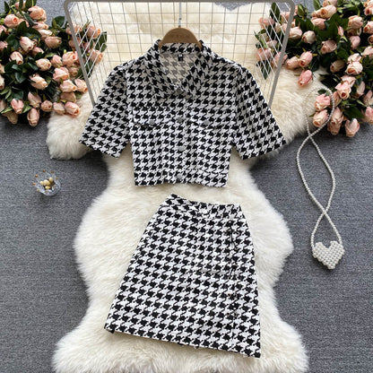 jinran New Summer Fashion Houndstooth Denim Two Piece Set Women Short Jeans Jacket Crop Top + Mini Skirts Sets Streetwear 2 Piece Sets