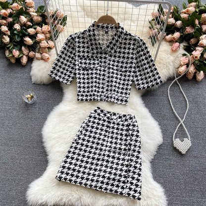 jinran New Summer Fashion Houndstooth Denim Two Piece Set Women Short Jeans Jacket Crop Top + Mini Skirts Sets Streetwear 2 Piece Sets