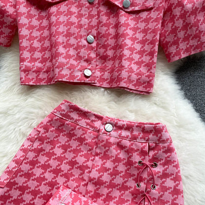 jinran New Summer Fashion Houndstooth Denim Two Piece Set Women Short Jeans Jacket Crop Top + Mini Skirts Sets Streetwear 2 Piece Sets