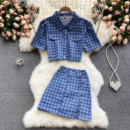jinran New Summer Fashion Houndstooth Denim Two Piece Set Women Short Jeans Jacket Crop Top + Mini Skirts Sets Streetwear 2 Piece Sets