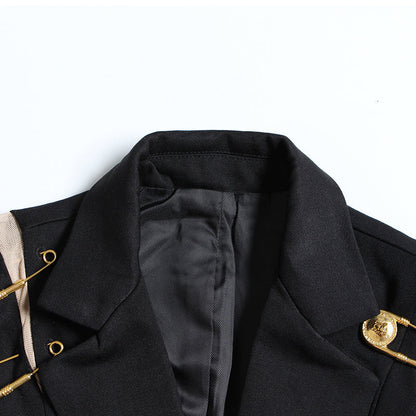 jinran Loose Fit Black Hollow Out Pin Spliced Jacket Blazer New Lapel Long Sleeve Women Coat Fashion 2022 Autumn Winter