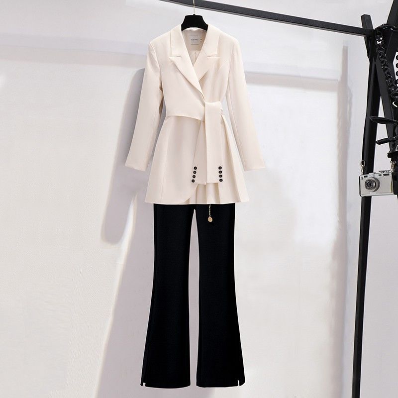 jinran Spring new long sleeved trousers Lapel Leisure suit elegant button belt decorative women&#39;s coat pants two-piece set