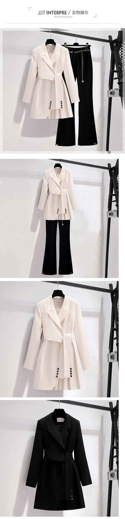 jinran Spring new long sleeved trousers Lapel Leisure suit elegant button belt decorative women&#39;s coat pants two-piece set