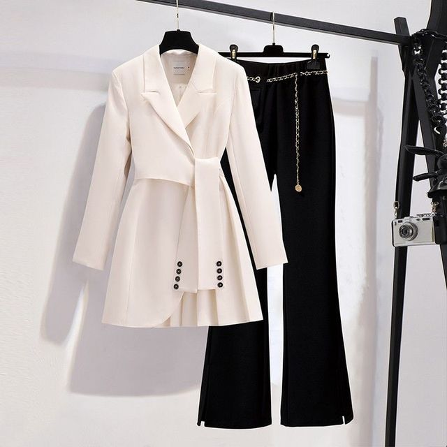 jinran Spring new long sleeved trousers Lapel Leisure suit elegant button belt decorative women&#39;s coat pants two-piece set