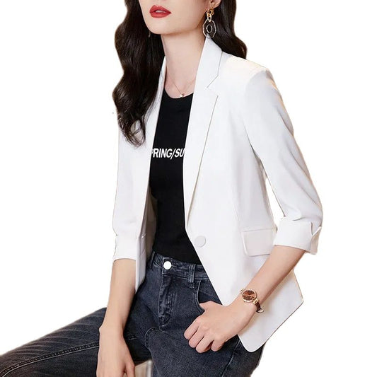 jinran Solid color Thin blazer Women 2022 New Three-Quarter Sleeve Spring And Summer Slim Short Suit Jacket One Buckle Blousers White