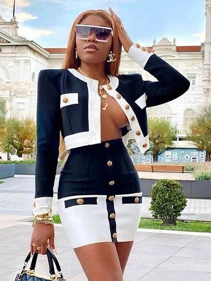 jinran 2022 New Aummer 2 Piece Suit Patchwork Black White O-Neck Long Sleeve Pocket Button Button Mini Hip Skirt Female Set