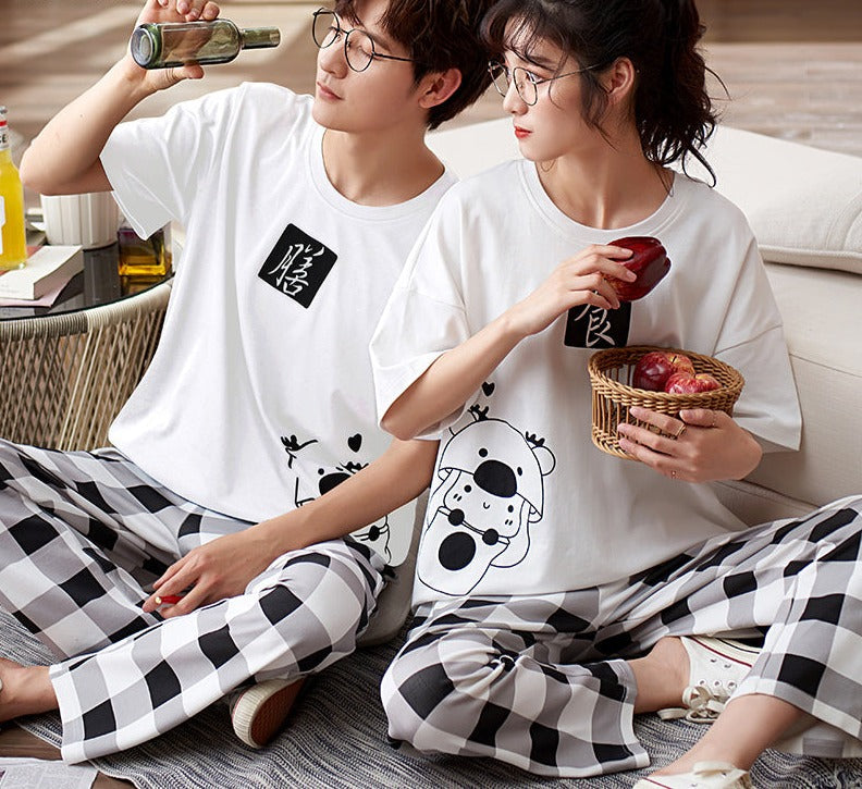 jinran New Sleepwear Couple Men and Women Matching Home Suits Cotton Pjs Chic Chinese Word Prints Leisure Nightwear Pajamas for Summer