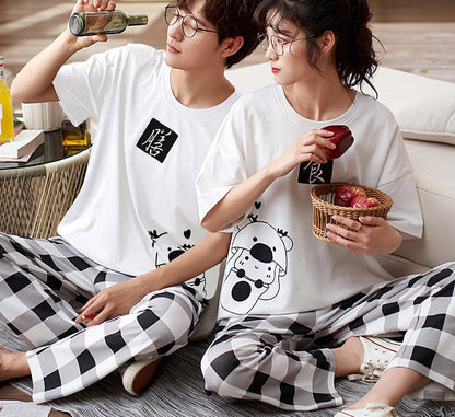 jinran New Sleepwear Couple Men and Women Matching Home Suits Cotton Pjs Chic Chinese Word Prints Leisure Nightwear Pajamas for Summer