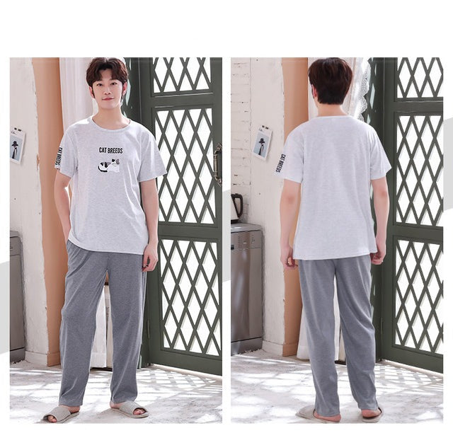 jinran New Sleepwear Couple Men and Women Matching Home Suits Cotton Pjs Chic Chinese Word Prints Leisure Nightwear Pajamas for Summer