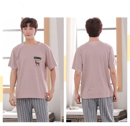 jinran New Sleepwear Couple Men and Women Matching Home Suits Cotton Pjs Chic Chinese Word Prints Leisure Nightwear Pajamas for Summer