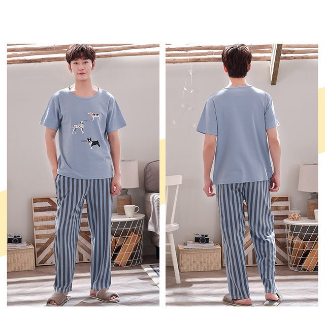 jinran New Sleepwear Couple Men and Women Matching Home Suits Cotton Pjs Chic Chinese Word Prints Leisure Nightwear Pajamas for Summer