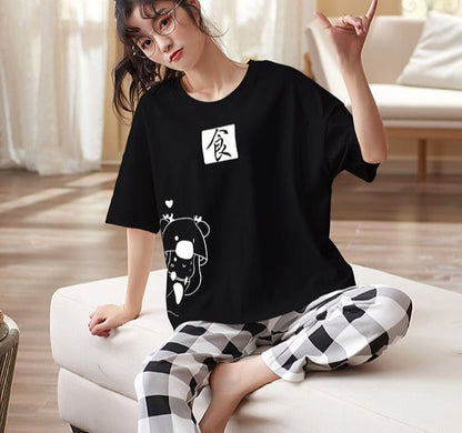 jinran New Sleepwear Couple Men and Women Matching Home Suits Cotton Pjs Chic Chinese Word Prints Leisure Nightwear Pajamas for Summer