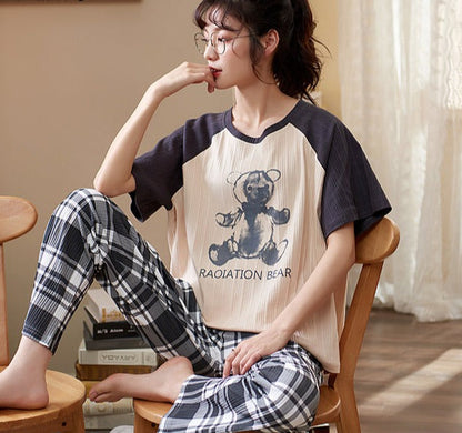 jinran New Sleepwear Couple Men and Women Matching Home Suits Cotton Pjs Chic Chinese Word Prints Leisure Nightwear Pajamas for Summer