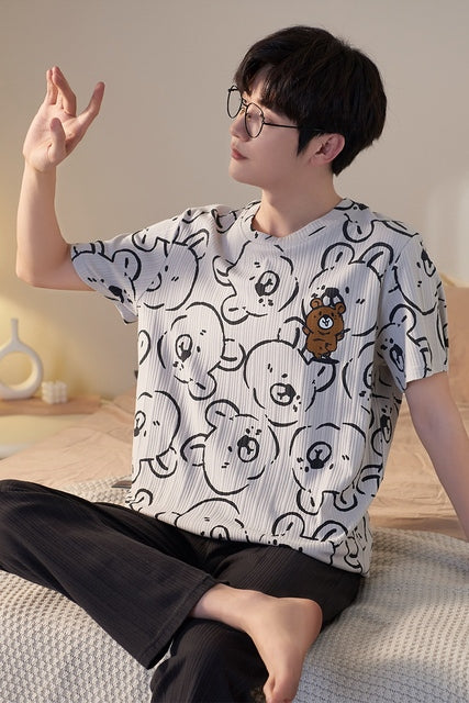 jinran New Sleepwear Couple Men and Women Matching Home Suits Cotton Pjs Chic Chinese Word Prints Leisure Nightwear Pajamas for Summer