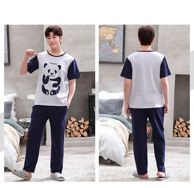 jinran New Sleepwear Couple Men and Women Matching Home Suits Cotton Pjs Chic Chinese Word Prints Leisure Nightwear Pajamas for Summer