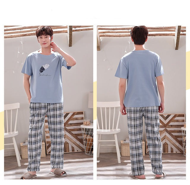 jinran New Sleepwear Couple Men and Women Matching Home Suits Cotton Pjs Chic Chinese Word Prints Leisure Nightwear Pajamas for Summer