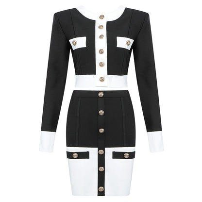 jinran 2022 New Aummer 2 Piece Suit Patchwork Black White O-Neck Long Sleeve Pocket Button Button Mini Hip Skirt Female Set