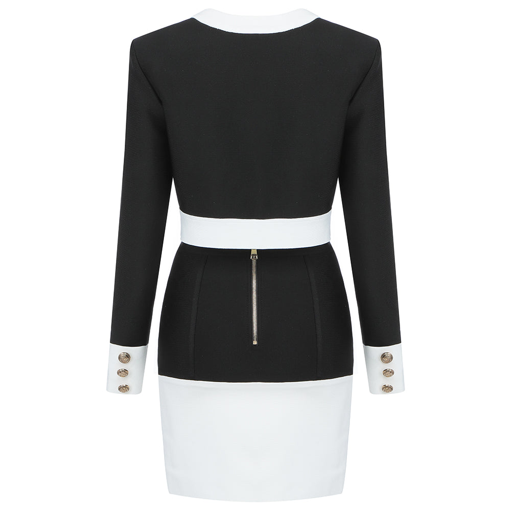 jinran 2022 New Aummer 2 Piece Suit Patchwork Black White O-Neck Long Sleeve Pocket Button Button Mini Hip Skirt Female Set