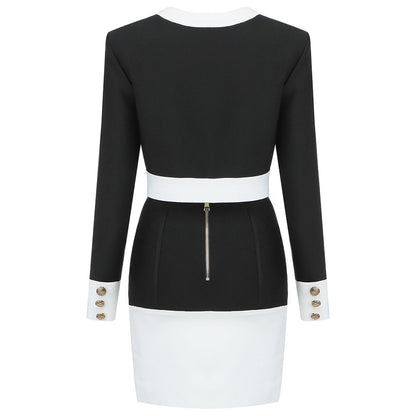 jinran 2022 New Aummer 2 Piece Suit Patchwork Black White O-Neck Long Sleeve Pocket Button Button Mini Hip Skirt Female Set