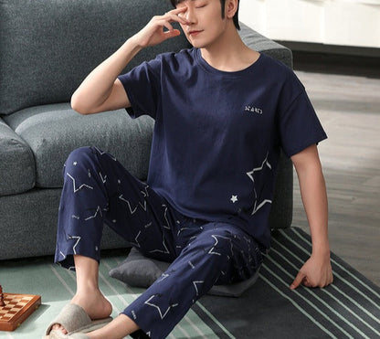 jinran Plus Size Pajamas 3xl 4xl Sleepwear Short Sleeved Long Pants Cotton Homewear Leisure Pyjamas Plaid Pants Men Summer Nightwear